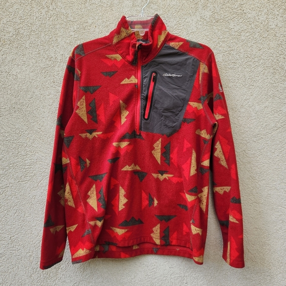 Eddie Bauer Other - EDDIE BAUER Mens Pullover Medium Red Fleece Quarter Zip Geometric Pocket